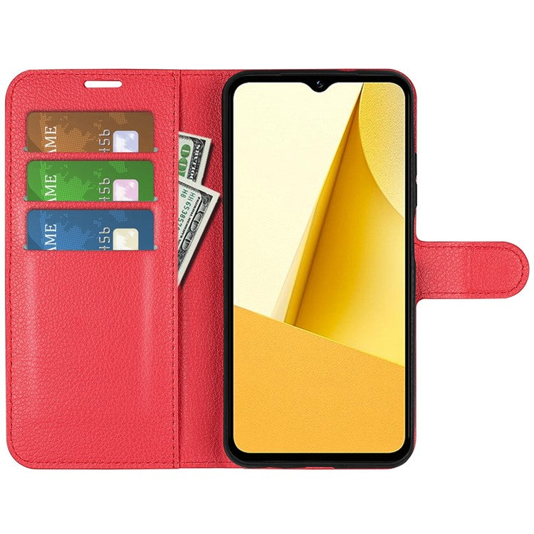 For vivo Y16 4G Litchi Texture PU Leather Wallet Stand Case Magnetic Clasp Folio Flip Protective Cover - Red