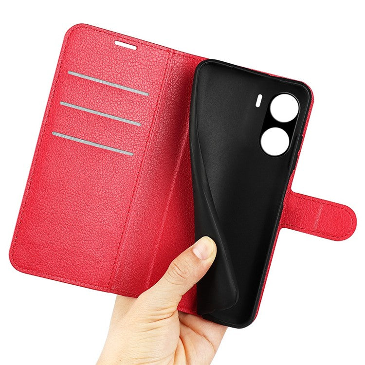 For vivo Y16 4G Litchi Texture PU Leather Wallet Stand Case Magnetic Clasp Folio Flip Protective Cover - Red