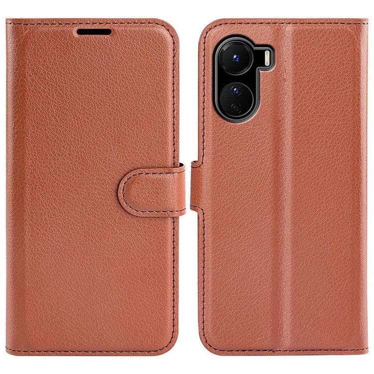 For vivo Y16 4G Litchi Texture PU Leather Wallet Stand Case Magnetic Clasp Folio Flip Protective Cover - Brown