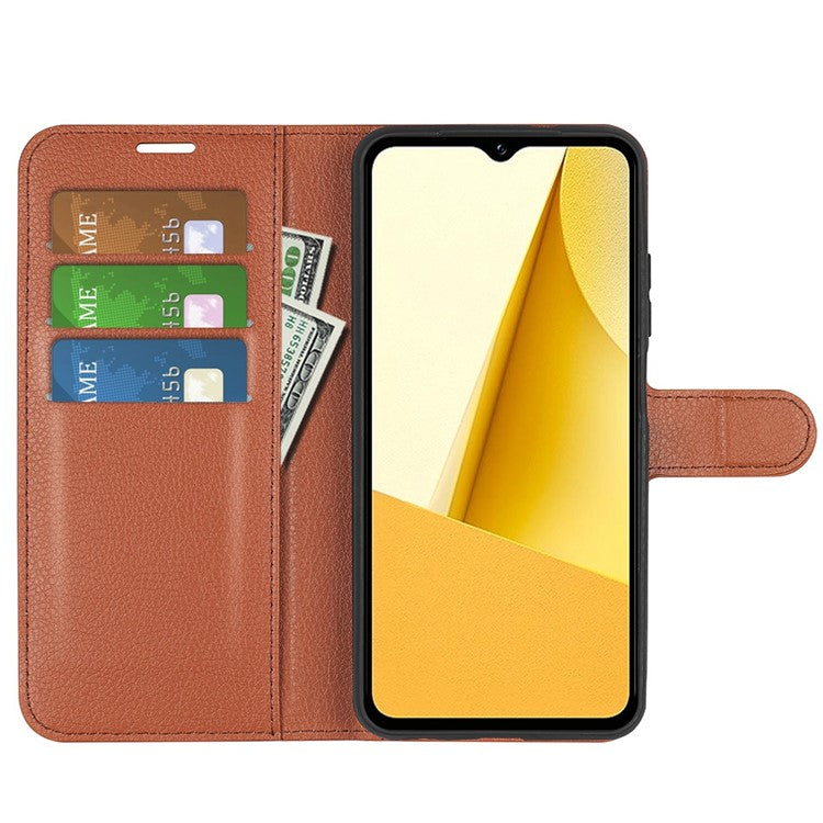 For vivo Y16 4G Litchi Texture PU Leather Wallet Stand Case Magnetic Clasp Folio Flip Protective Cover - Brown