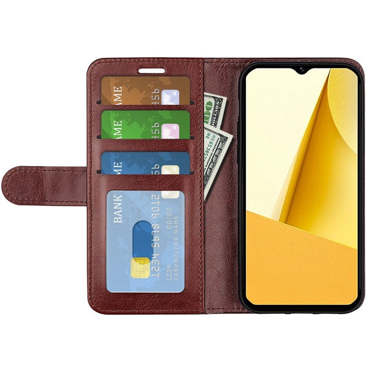 PU Leather Stand Phone Case for vivo Y16 4G, Crazy Horse Texture Folio Flip Foldable Stand Wallet Cover - Brown