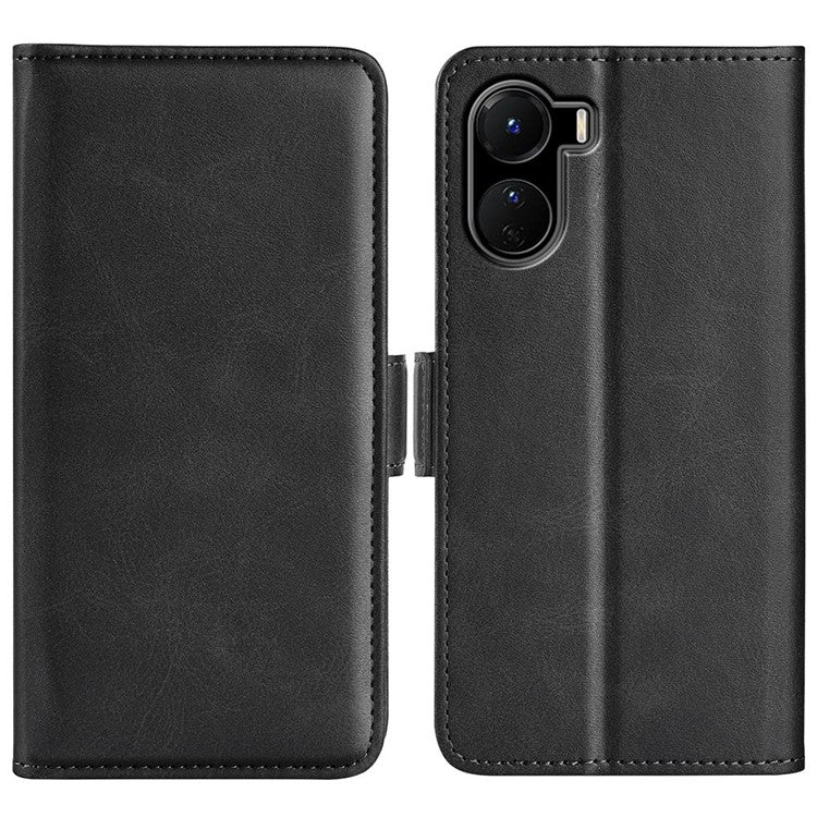 For vivo Y16 4G Calf Texture PU Leather Case Dual Magnetic Clasp Stand Wallet Folio Flip Phone Cover - Black