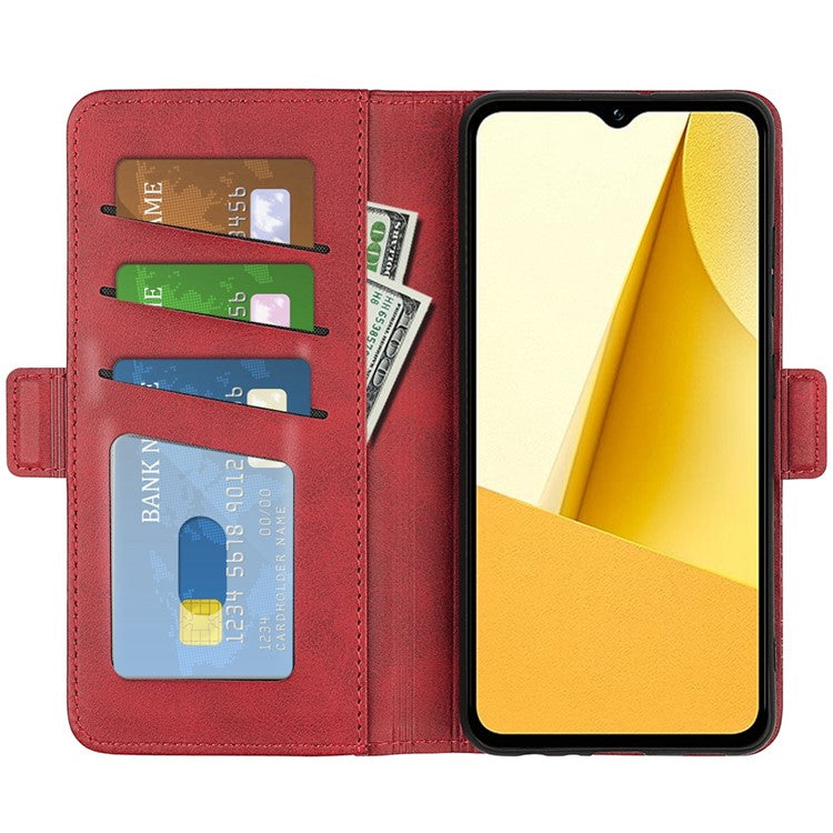 For vivo Y16 4G Calf Texture PU Leather Case Dual Magnetic Clasp Stand Wallet Folio Flip Phone Cover - Red