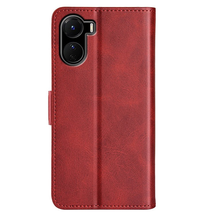 For vivo Y16 4G Calf Texture PU Leather Case Dual Magnetic Clasp Stand Wallet Folio Flip Phone Cover - Red