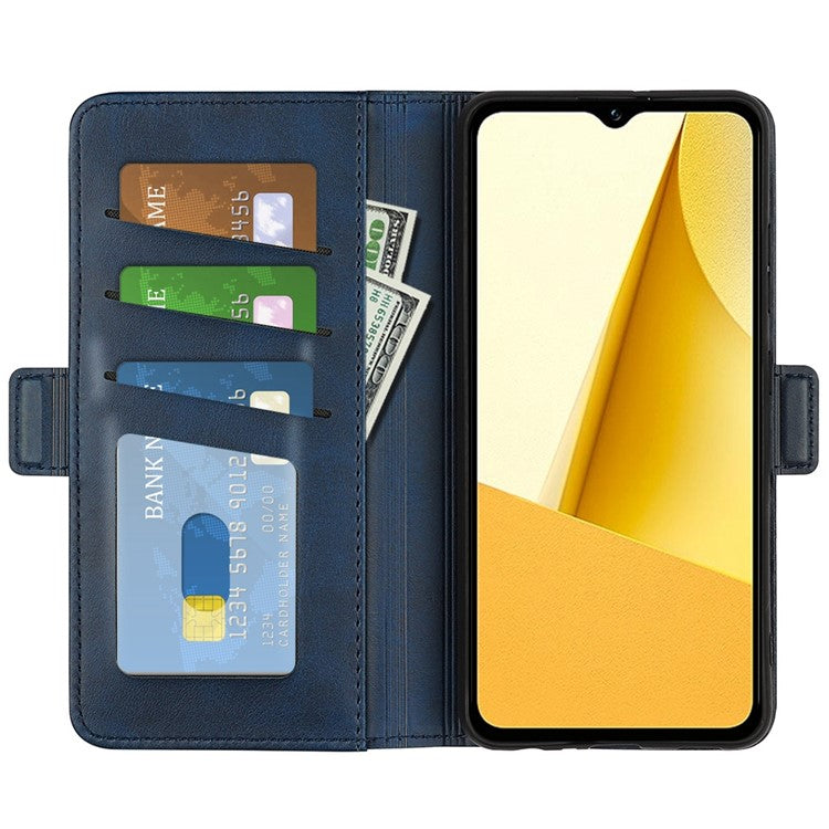 For vivo Y16 4G Calf Texture PU Leather Case Dual Magnetic Clasp Stand Wallet Folio Flip Phone Cover - Blue