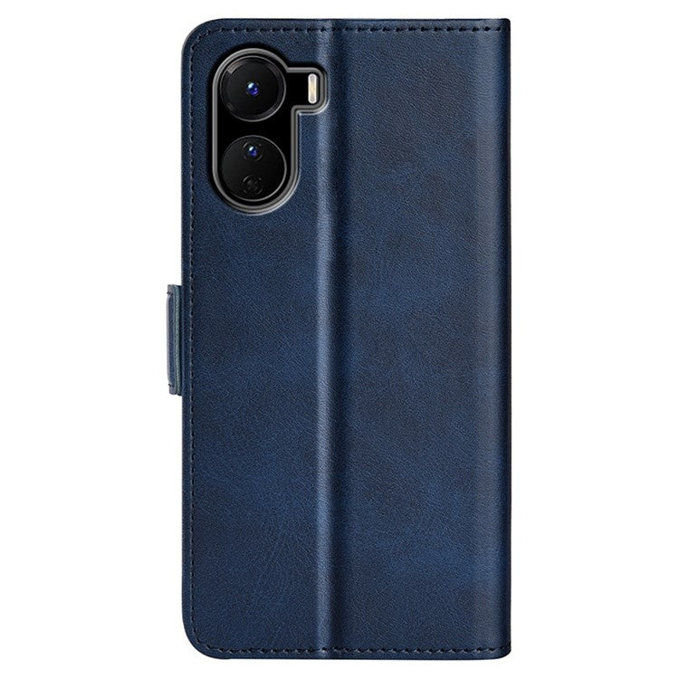 For vivo Y16 4G Calf Texture PU Leather Case Dual Magnetic Clasp Stand Wallet Folio Flip Phone Cover - Blue