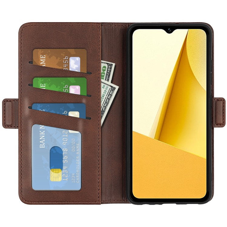 For vivo Y16 4G Calf Texture PU Leather Case Dual Magnetic Clasp Stand Wallet Folio Flip Phone Cover - Brown