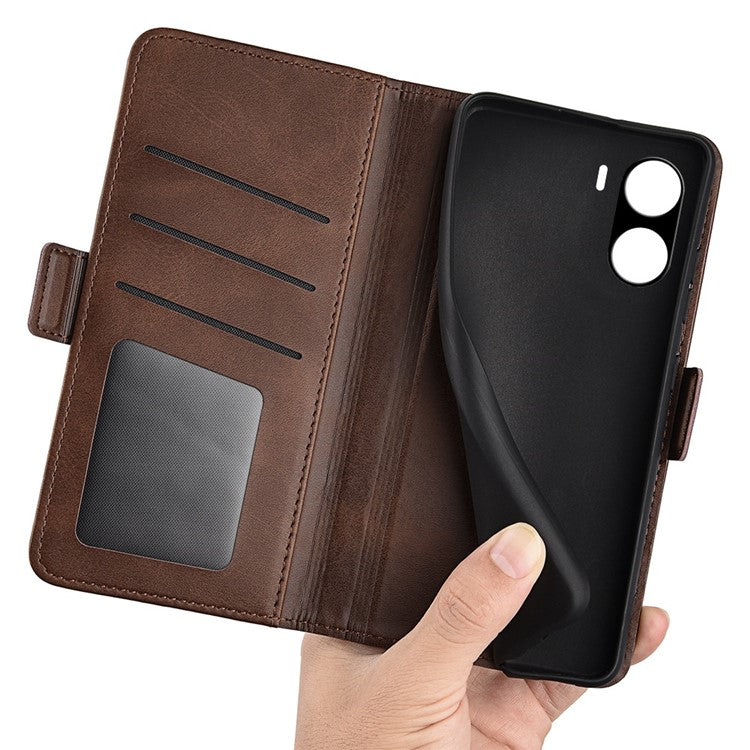 For vivo Y16 4G Calf Texture PU Leather Case Dual Magnetic Clasp Stand Wallet Folio Flip Phone Cover - Brown