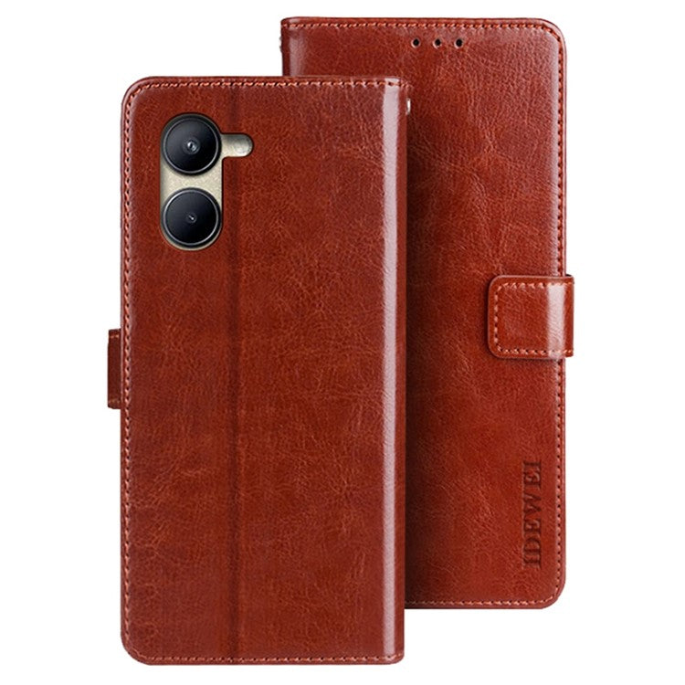 IDEWEI Anti-fall Phone Case for Realme C33 4G, Flip Wallet Stand Magnetic Closure Crazy Horse Textured PU Leather Phone Cover - Brown