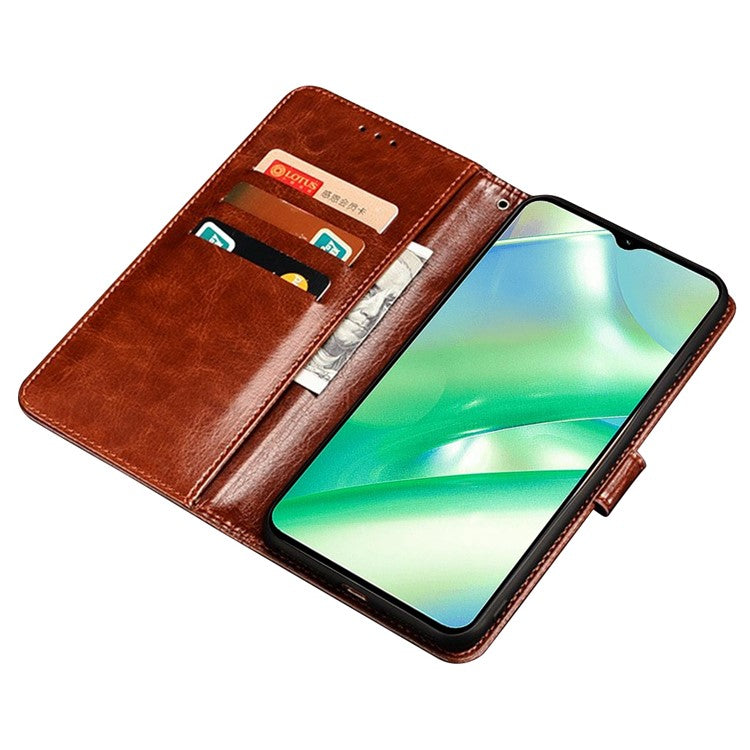 IDEWEI Anti-fall Phone Case for Realme C33 4G, Flip Wallet Stand Magnetic Closure Crazy Horse Textured PU Leather Phone Cover - Brown