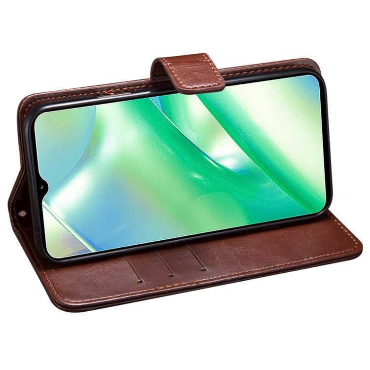 IDEWEI Anti-fall Phone Case for Realme C33 4G, Flip Wallet Stand Magnetic Closure Crazy Horse Textured PU Leather Phone Cover - Brown