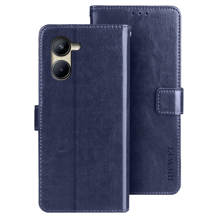 IDEWEI Anti-fall Phone Case for Realme C33 4G, Flip Wallet Stand Magnetic Closure Crazy Horse Textured PU Leather Phone Cover - Dark Blue