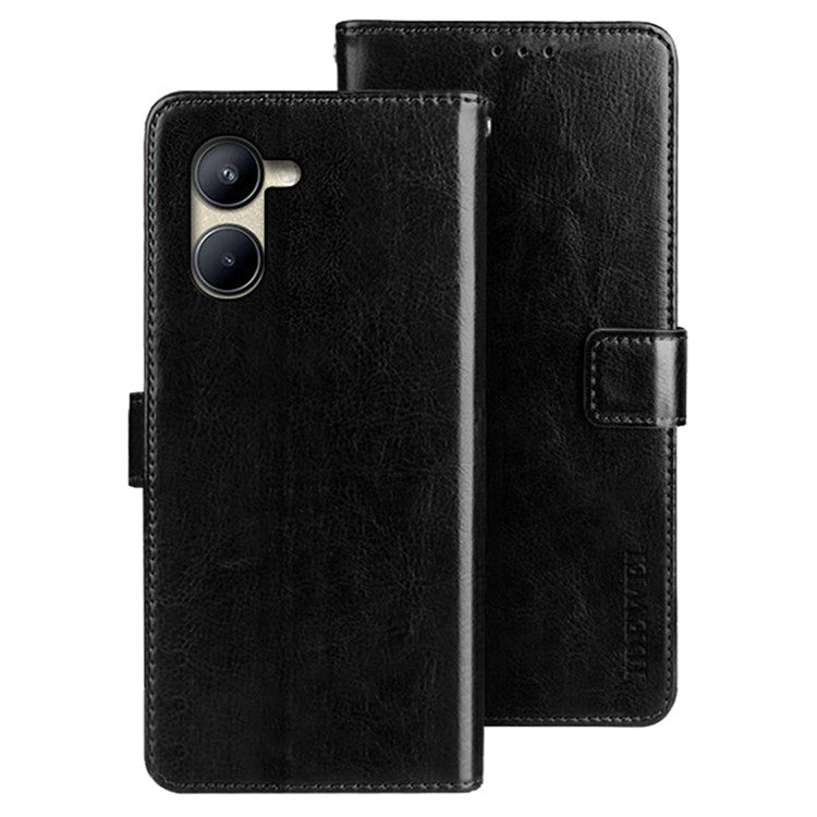 IDEWEI Anti-fall Phone Case for Realme C33 4G, Flip Wallet Stand Magnetic Closure Crazy Horse Textured PU Leather Phone Cover - Black