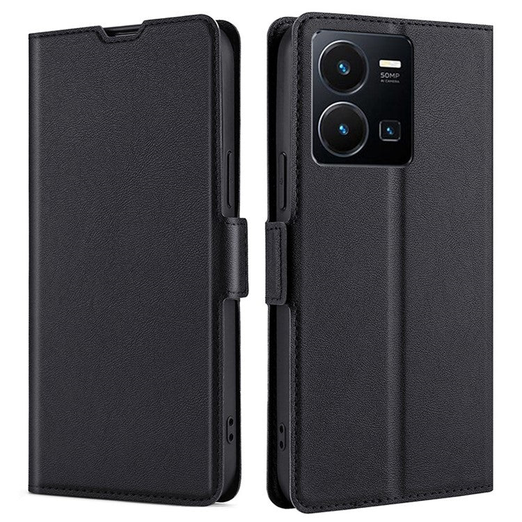 For vivo Y35 4G (2022) / Y22 4G / Y22s 4G Double Magnetic Clasp PU Leather Card Holder Case Ultra-thin Foldable Stand Protective Cover - Black