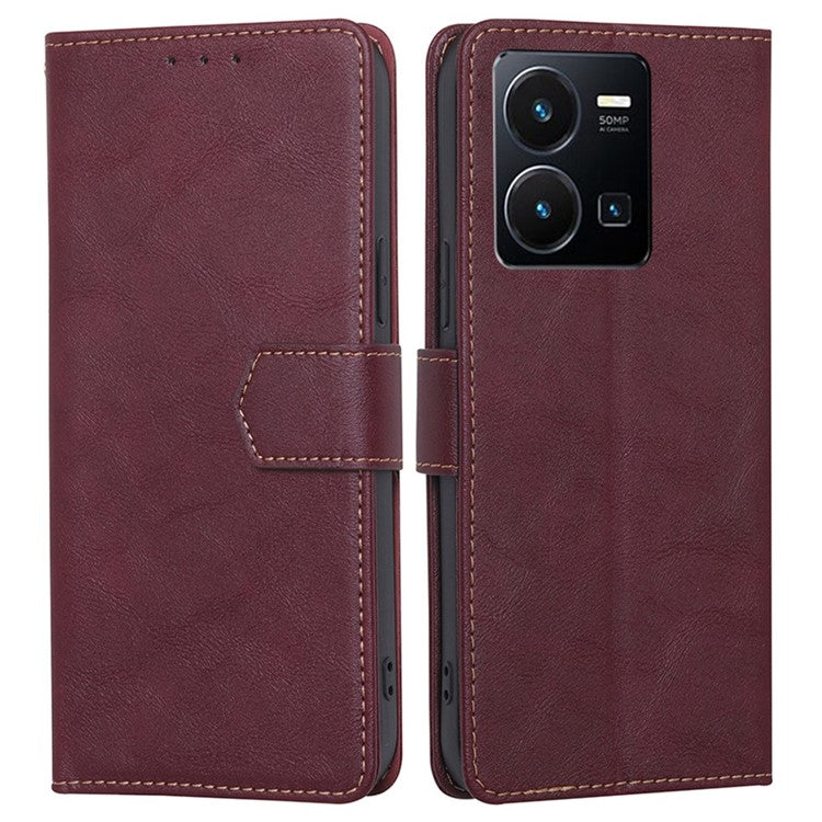 For vivo Y35 4G (2022) / Y22s 4G / Y22 4G RFID Blocking PU Leather Phone Protective Shell Water-repellent Flip Stand Wallet Cover - Wine Red