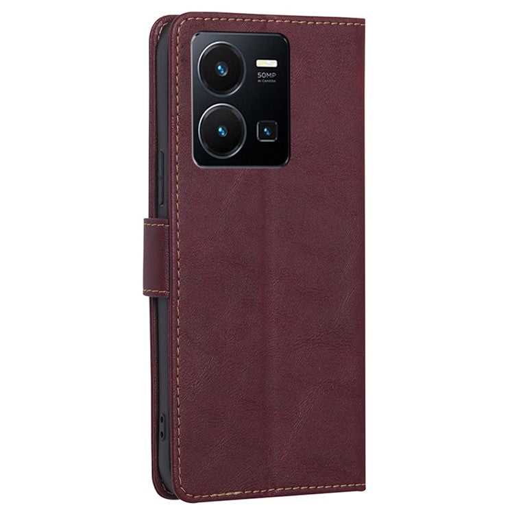 For vivo Y35 4G (2022) / Y22s 4G / Y22 4G RFID Blocking PU Leather Phone Protective Shell Water-repellent Flip Stand Wallet Cover - Wine Red