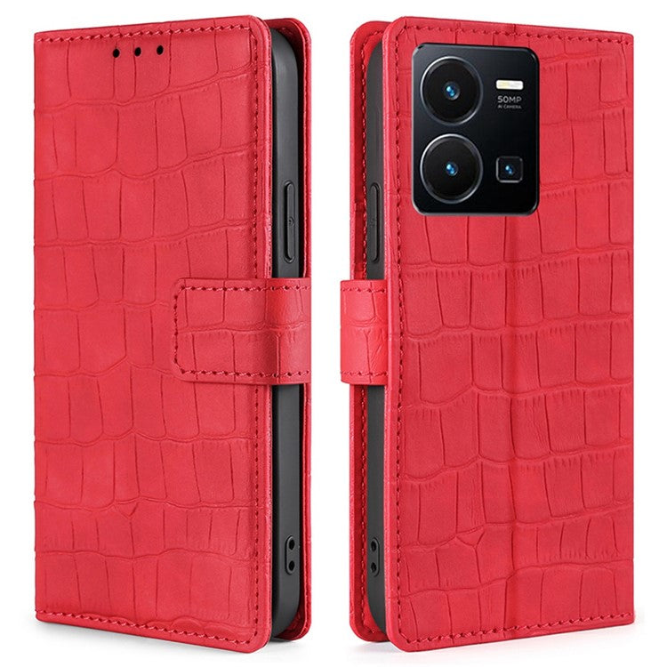 For vivo Y35 4G (2022) / Y22s 4G / Y22 4G Crocodile Texture Skin-touch Phone Cover PU Leather Magnetic Case with Stand Wallet - Red