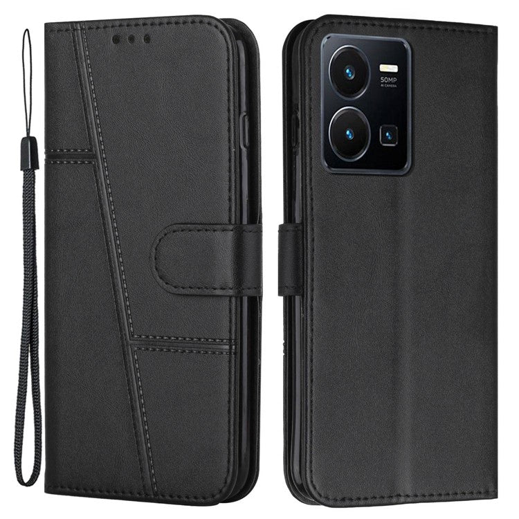 For vivo Y35 4G (2022) / Y22 4G / Y22s 4G Stitching PU Leather Wallet Phone Case Stand Magnetic Flip Protective Cover with Strap - Black