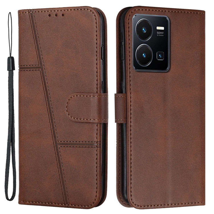 For vivo Y35 4G (2022) / Y22 4G / Y22s 4G Stitching PU Leather Wallet Phone Case Stand Magnetic Flip Protective Cover with Strap - Brown