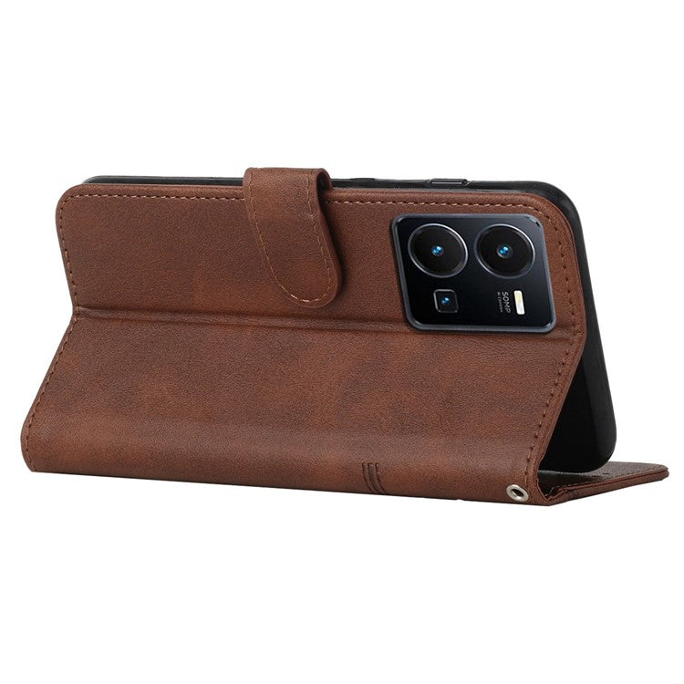 For vivo Y35 4G (2022) / Y22 4G / Y22s 4G Stitching PU Leather Wallet Phone Case Stand Magnetic Flip Protective Cover with Strap - Brown