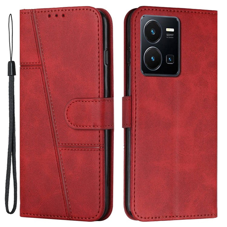 For vivo Y35 4G (2022) / Y22 4G / Y22s 4G Stitching PU Leather Wallet Phone Case Stand Magnetic Flip Protective Cover with Strap - Red