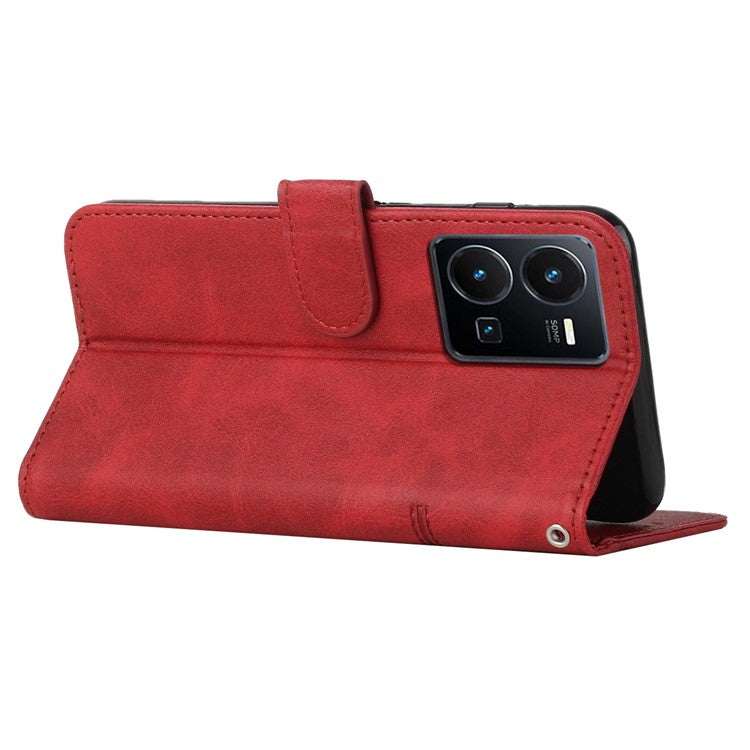 For vivo Y35 4G (2022) / Y22 4G / Y22s 4G Stitching PU Leather Wallet Phone Case Stand Magnetic Flip Protective Cover with Strap - Red