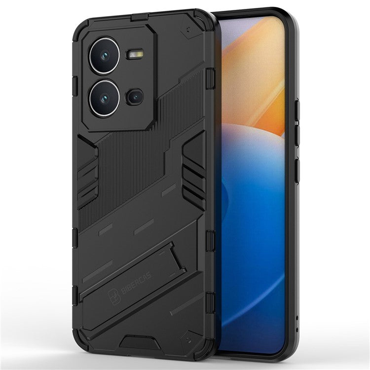 Hard PC + Soft TPU Phone Case for vivo V25 5G, Drop-proof Protective Kickstand Back Cover - Black