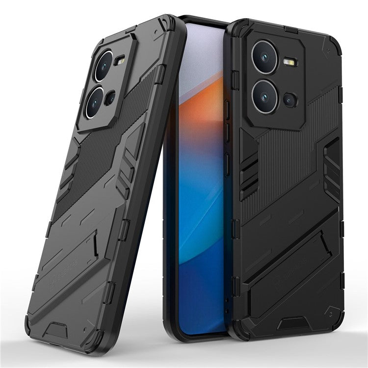 Hard PC + Soft TPU Phone Case for vivo V25 5G, Drop-proof Protective Kickstand Back Cover - Black