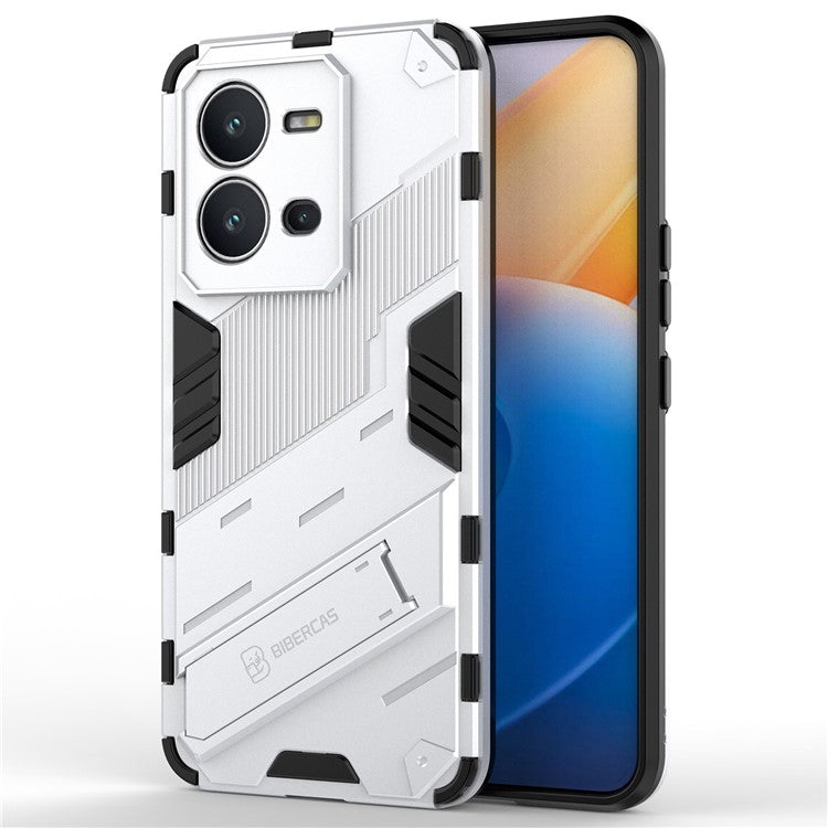 Hard PC + Soft TPU Phone Case for vivo V25 5G, Drop-proof Protective Kickstand Back Cover - White