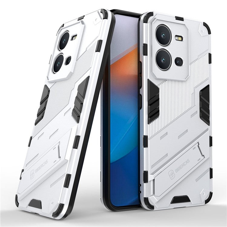 Hard PC + Soft TPU Phone Case for vivo V25 5G, Drop-proof Protective Kickstand Back Cover - White