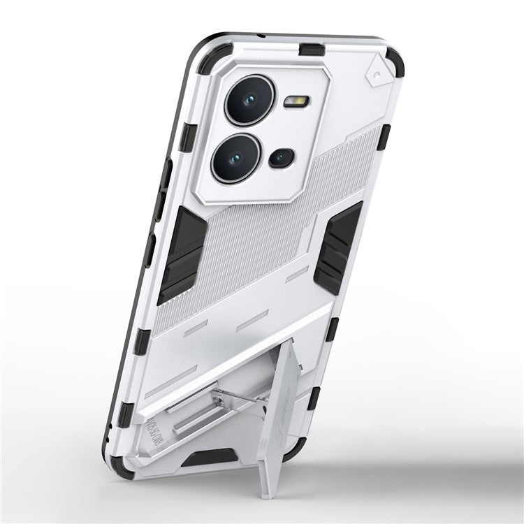 Hard PC + Soft TPU Phone Case for vivo V25 5G, Drop-proof Protective Kickstand Back Cover - White