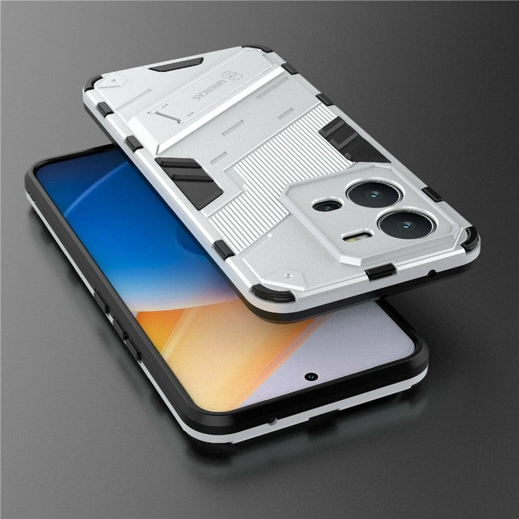 Hard PC + Soft TPU Phone Case for vivo V25 5G, Drop-proof Protective Kickstand Back Cover - White