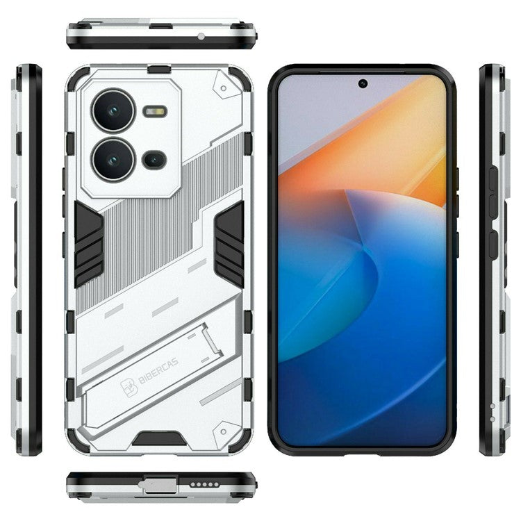 Hard PC + Soft TPU Phone Case for vivo V25 5G, Drop-proof Protective Kickstand Back Cover - White