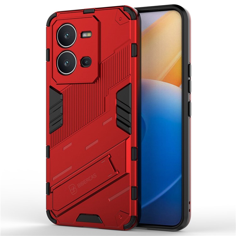 Hard PC + Soft TPU Phone Case for vivo V25 5G, Drop-proof Protective Kickstand Back Cover - Red