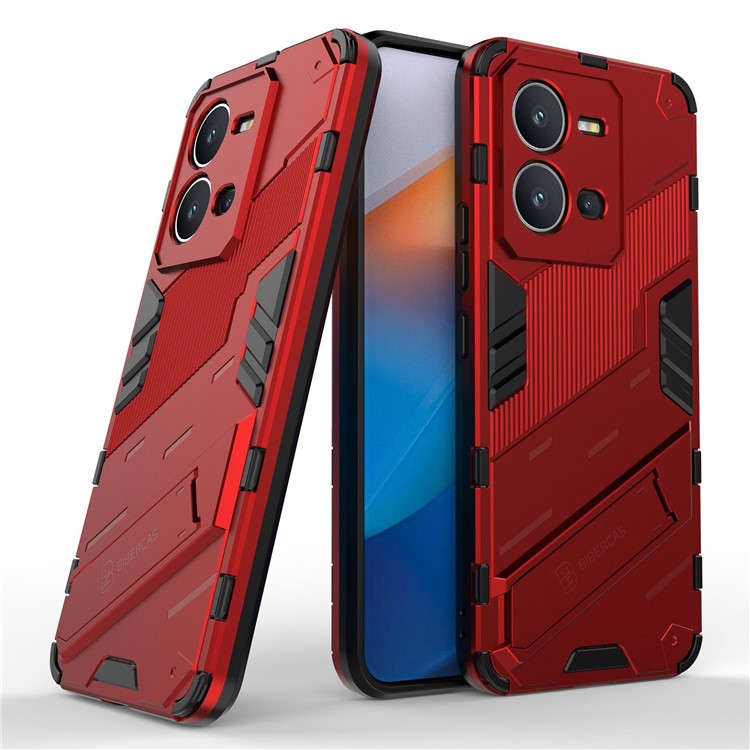 Hard PC + Soft TPU Phone Case for vivo V25 5G, Drop-proof Protective Kickstand Back Cover - Red