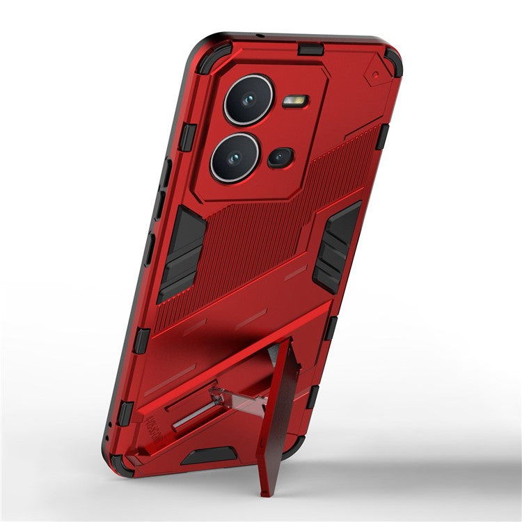 Hard PC + Soft TPU Phone Case for vivo V25 5G, Drop-proof Protective Kickstand Back Cover - Red