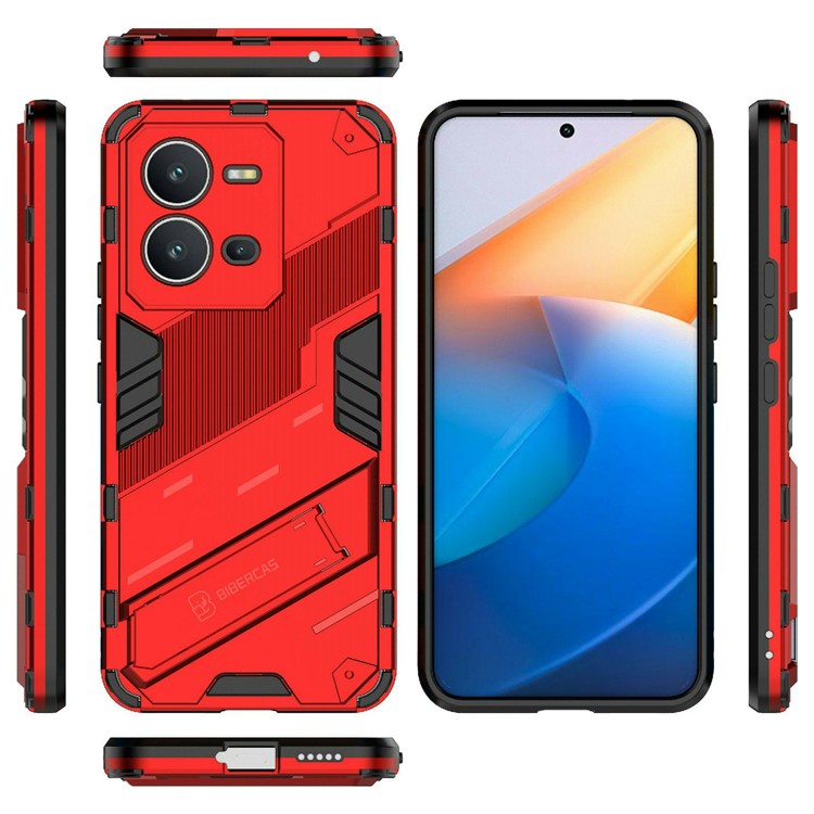 Hard PC + Soft TPU Phone Case for vivo V25 5G, Drop-proof Protective Kickstand Back Cover - Red