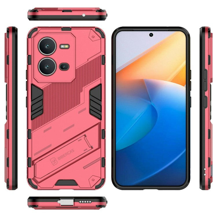 Hard PC + Soft TPU Phone Case for vivo V25 5G, Drop-proof Protective Kickstand Back Cover - Rose