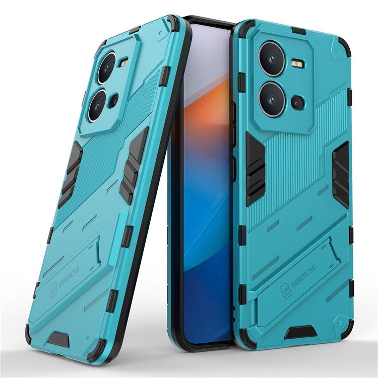 Hard PC + Soft TPU Phone Case for vivo V25 5G, Drop-proof Protective Kickstand Back Cover - Baby Blue