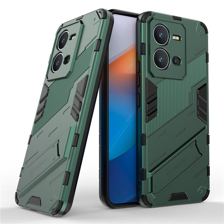 Hard PC + Soft TPU Phone Case for vivo V25 5G, Drop-proof Protective Kickstand Back Cover - Green