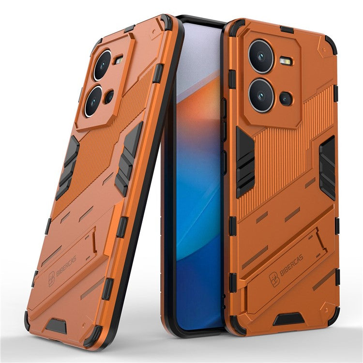 Hard PC + Soft TPU Phone Case for vivo V25 5G, Drop-proof Protective Kickstand Back Cover - Orange