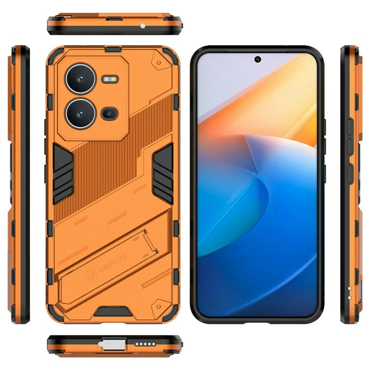 Hard PC + Soft TPU Phone Case for vivo V25 5G, Drop-proof Protective Kickstand Back Cover - Orange