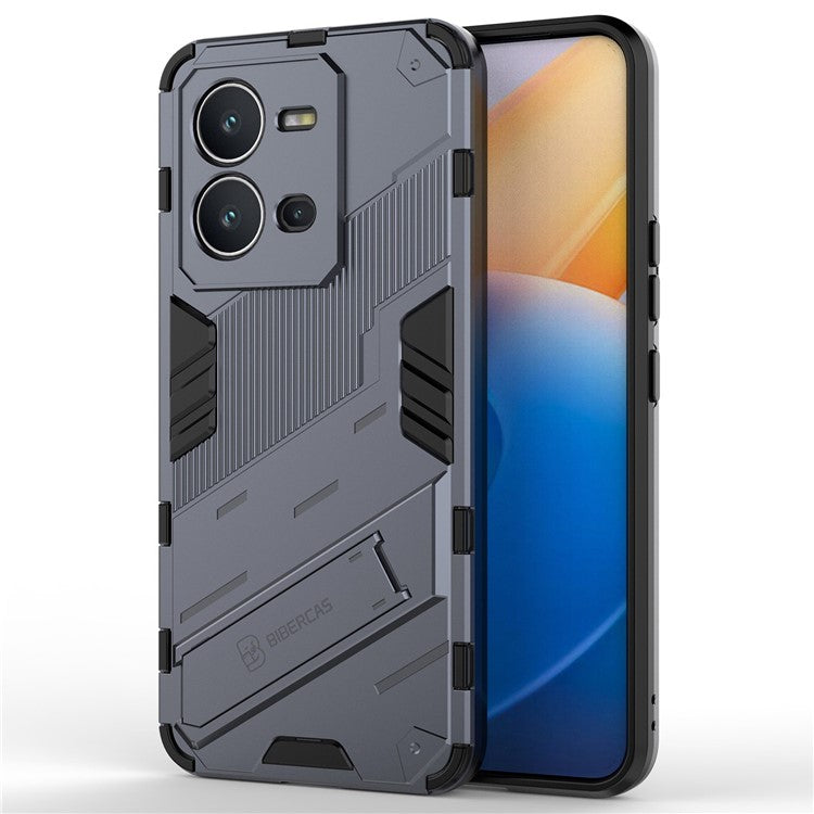 Hard PC + Soft TPU Phone Case for vivo V25 5G, Drop-proof Protective Kickstand Back Cover - Dark Blue