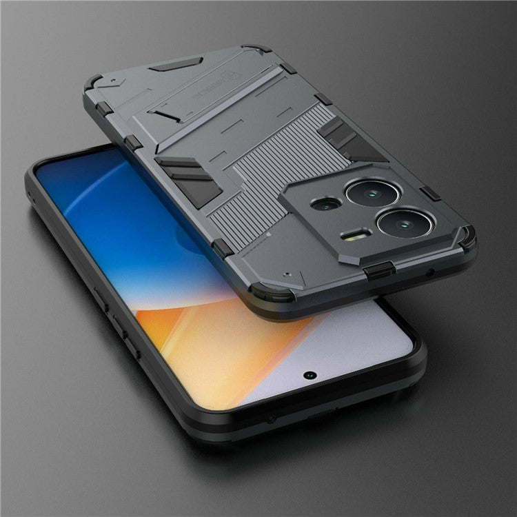 Hard PC + Soft TPU Phone Case for vivo V25 5G, Drop-proof Protective Kickstand Back Cover - Dark Blue