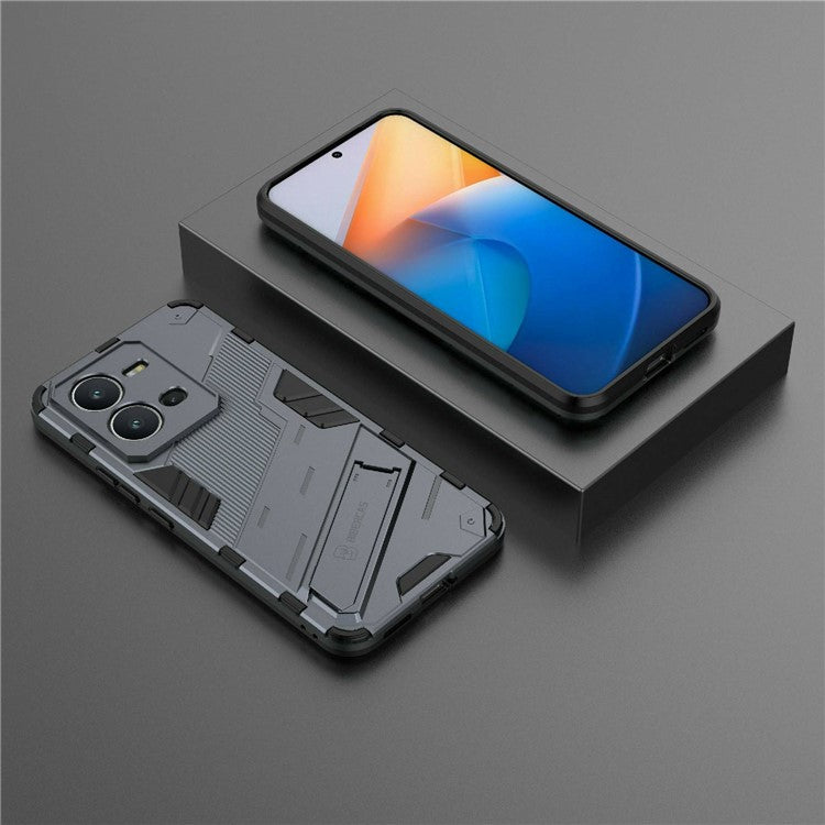 Hard PC + Soft TPU Phone Case for vivo V25 5G, Drop-proof Protective Kickstand Back Cover - Dark Blue