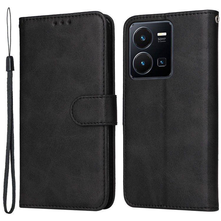 For vivo Y35 4G (2022) / Y22s 4G / Y22 4G Calf Texture Anti-scratch PU Leather Case Stand Wallet Phone Cover with Wrist Strap - Black