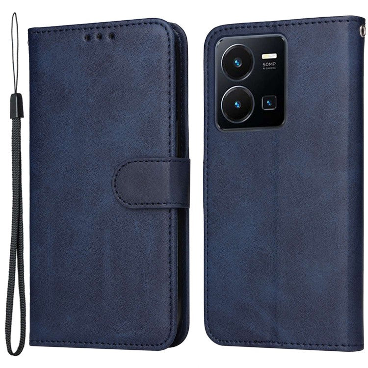 For vivo Y35 4G (2022) / Y22s 4G / Y22 4G Calf Texture Anti-scratch PU Leather Case Stand Wallet Phone Cover with Wrist Strap - Blue