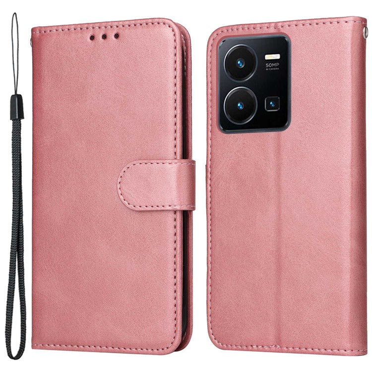 For vivo Y35 4G (2022) / Y22s 4G / Y22 4G Calf Texture Anti-scratch PU Leather Case Stand Wallet Phone Cover with Wrist Strap - Rose Gold