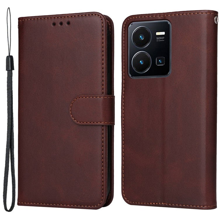 For vivo Y35 4G (2022) / Y22s 4G / Y22 4G Calf Texture Anti-scratch PU Leather Case Stand Wallet Phone Cover with Wrist Strap - Brown