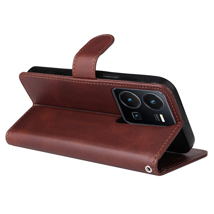 For vivo Y35 4G (2022) / Y22s 4G / Y22 4G Calf Texture Anti-scratch PU Leather Case Stand Wallet Phone Cover with Wrist Strap - Brown